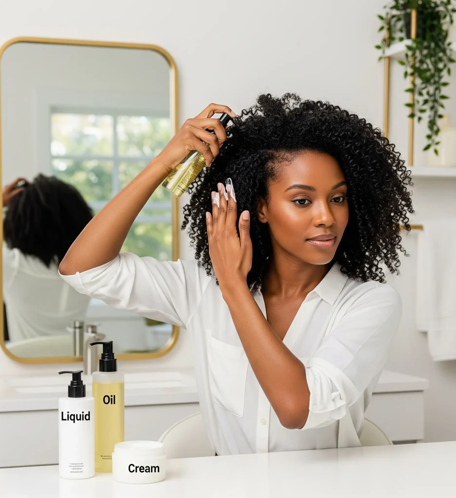 For low porosity hair, the LOC (Liquid, Oil, Cream) or LCO (Liquid, Cream, Oil) method can be effective