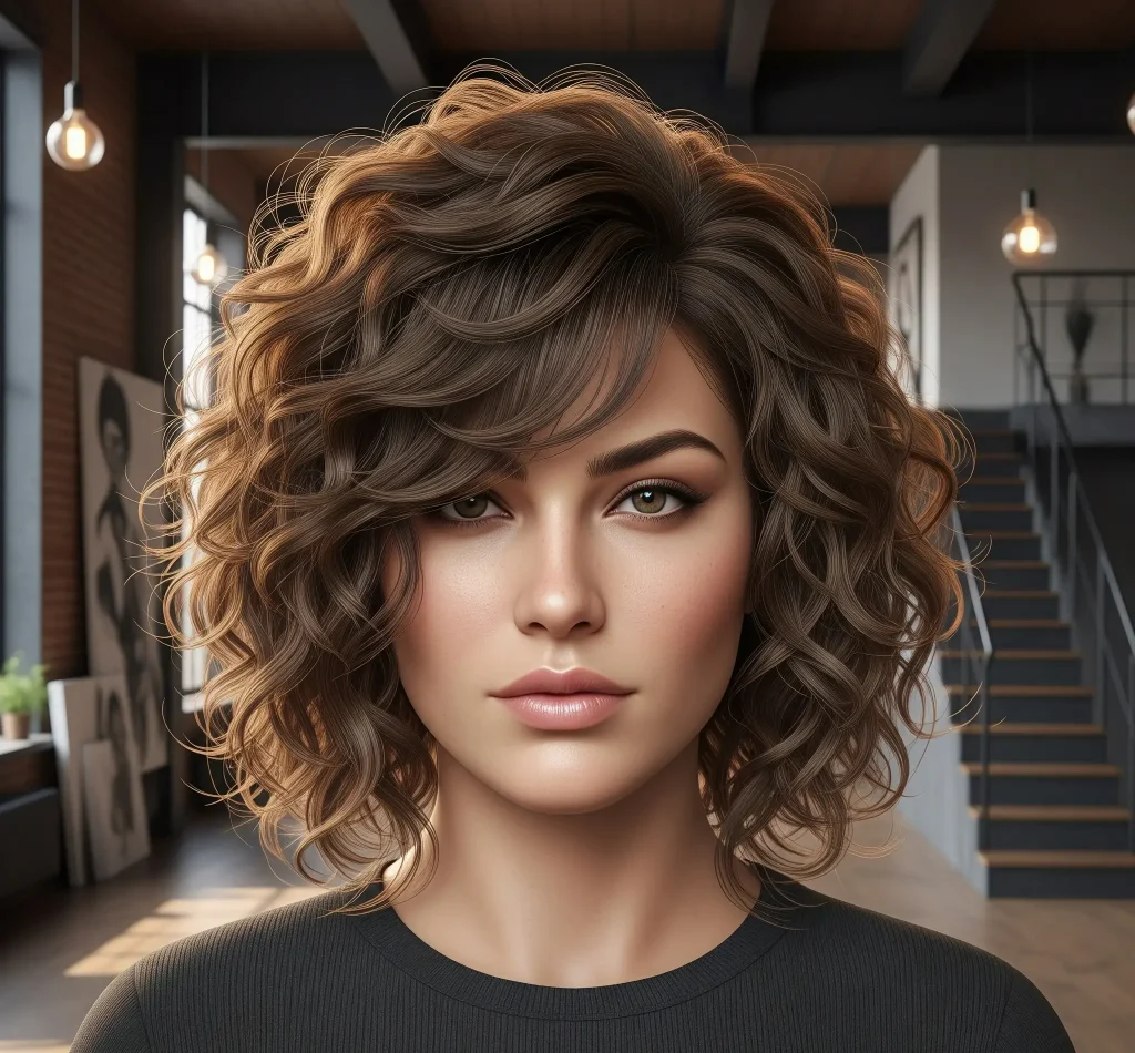 Characterized by soft, circular lines, the goal is to add length and create the illusion of angles. Longer curly styles with layers below the chin can elongate the face. Side-swept bangs or a deep side part can also help