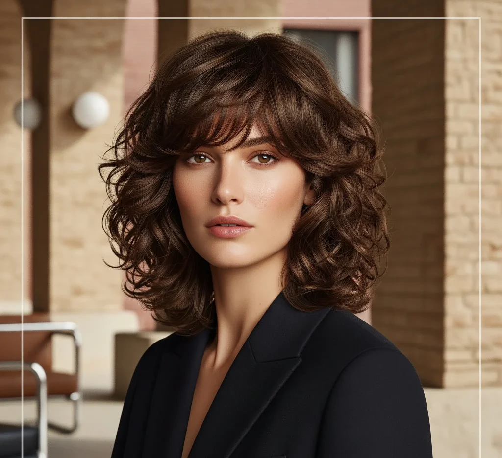 Featuring a strong, angular jawline, the aim is to soften these lines. Medium to long curly styles with soft, rounded layers around the face work beautifully. A-line bobs or lobs that are longer in the front can also be flattering