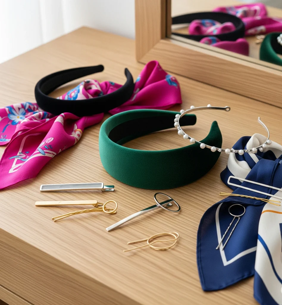 Simple yet elegant hair accessories like delicate headbands, silk scarves, and minimalist barrettes