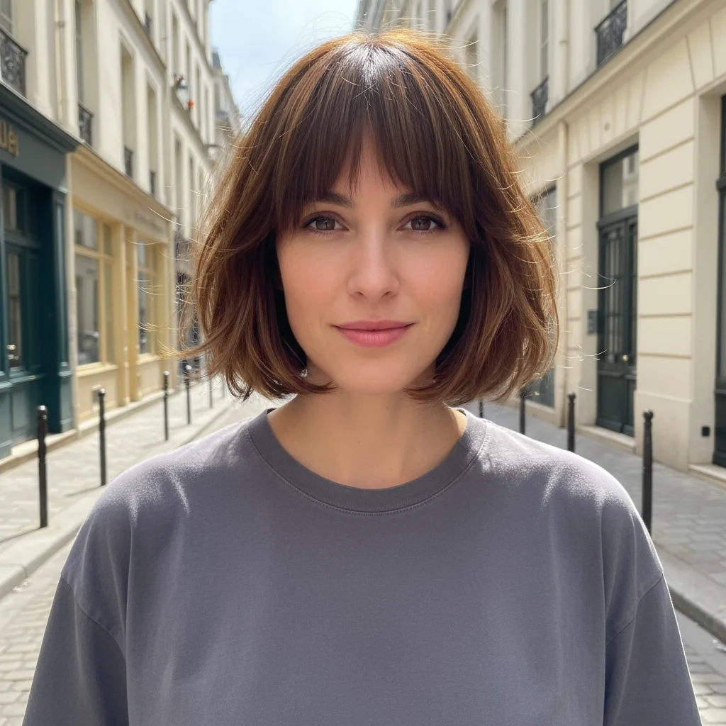 French Bob with Layers: A shorter, chin-length bob often paired with blunt bangs, exuding a timeless Parisian charm.