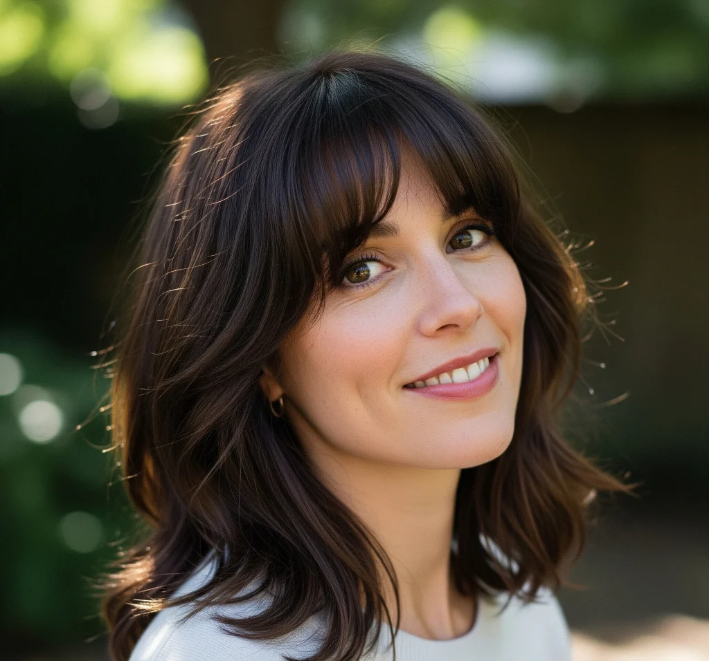 The beauty of medium-length hair lies in Bang haircut