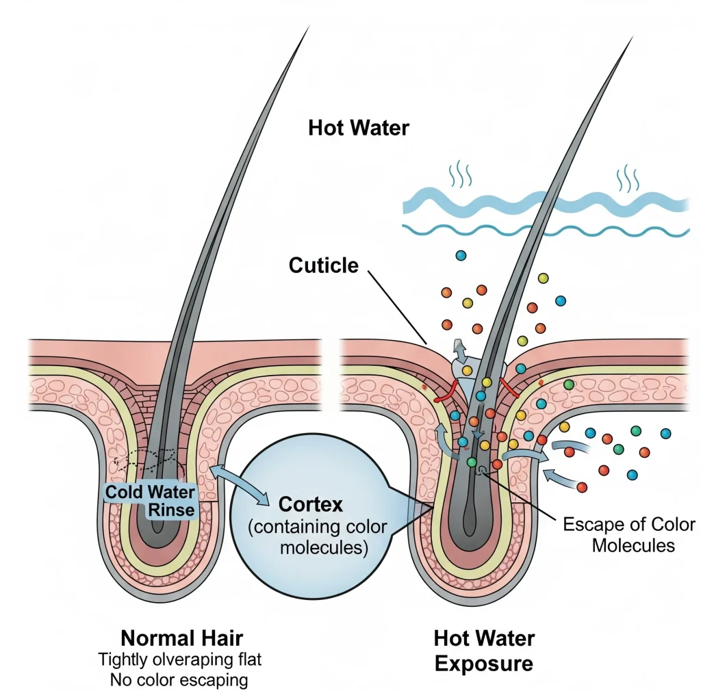 use lukewarm or cool water instead of hot water, which can open the hair cuticle and allow color to escape.