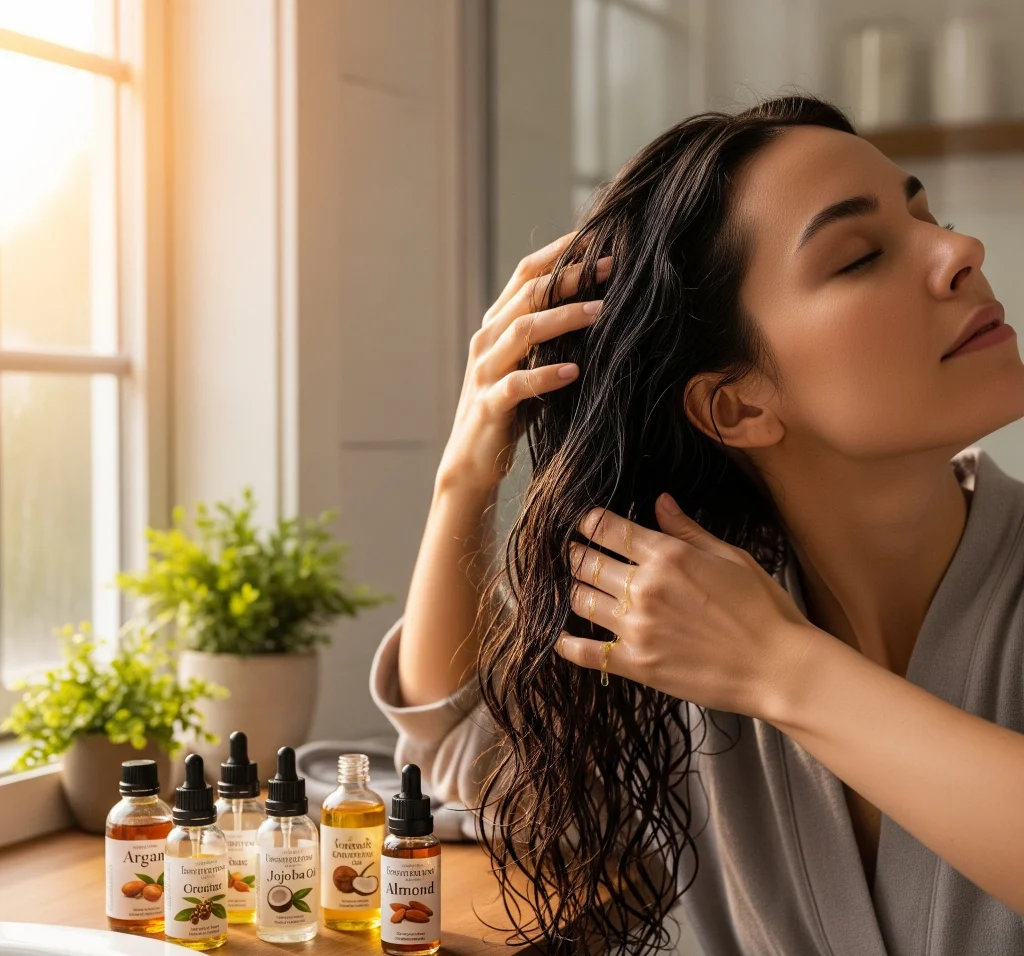 Natural oils such as argan oil, jojoba oil, coconut oil, and almond oil are excellent for sealing in moisture