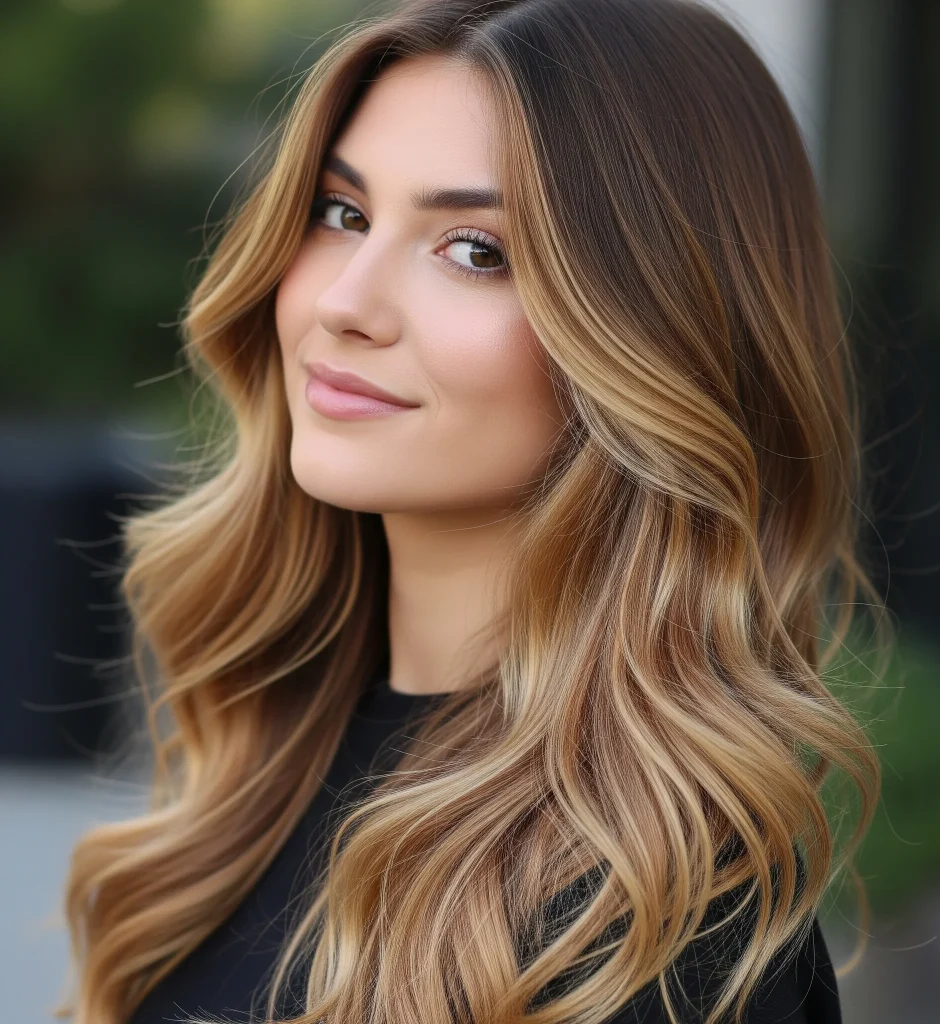 Color trends for long wavy hair often lean towards subtle enhancements that highlight the waves' movement and texture.
