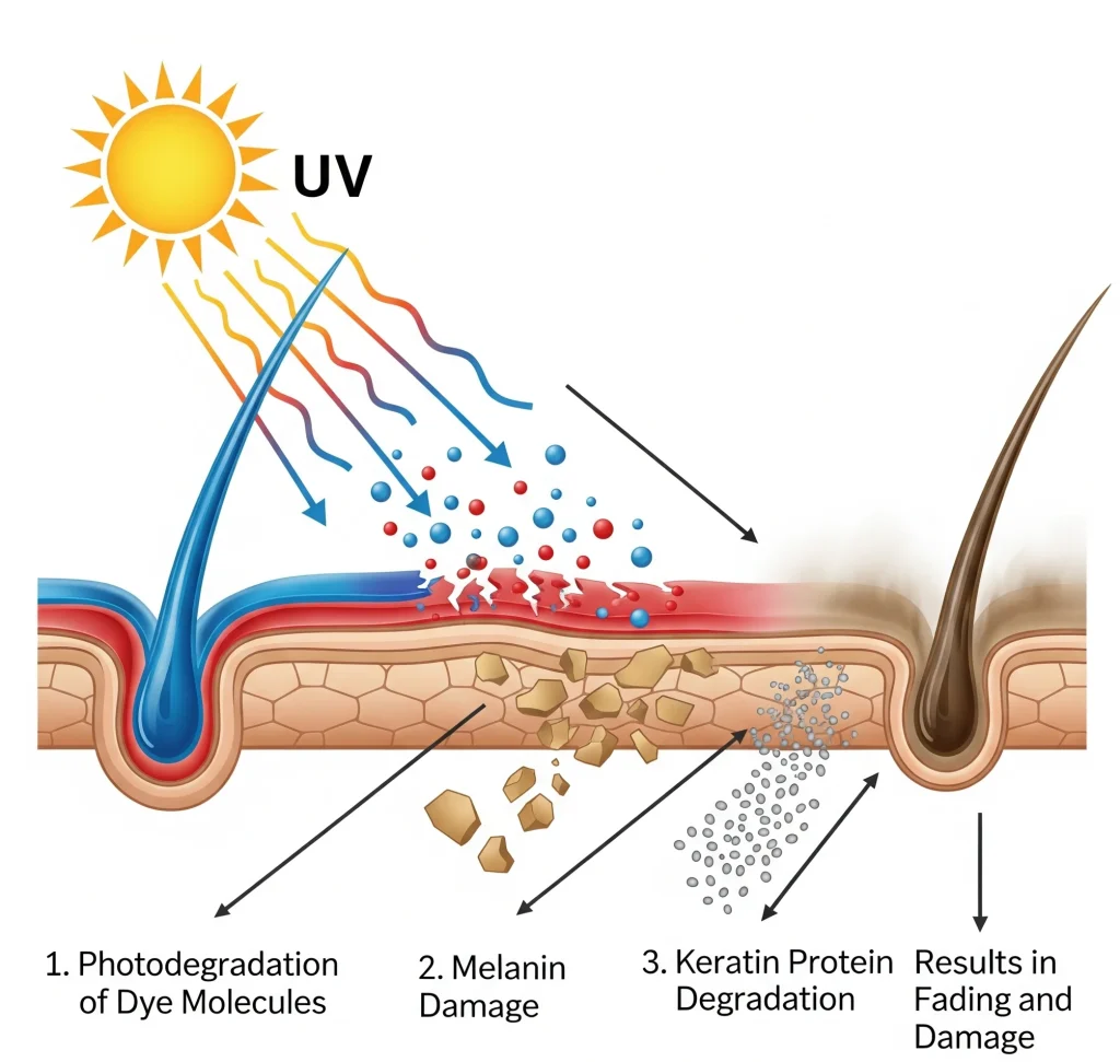 UV rays, particularly UVA and UVB, are powerful enough to break down the chemical bonds within hair dye molecules.