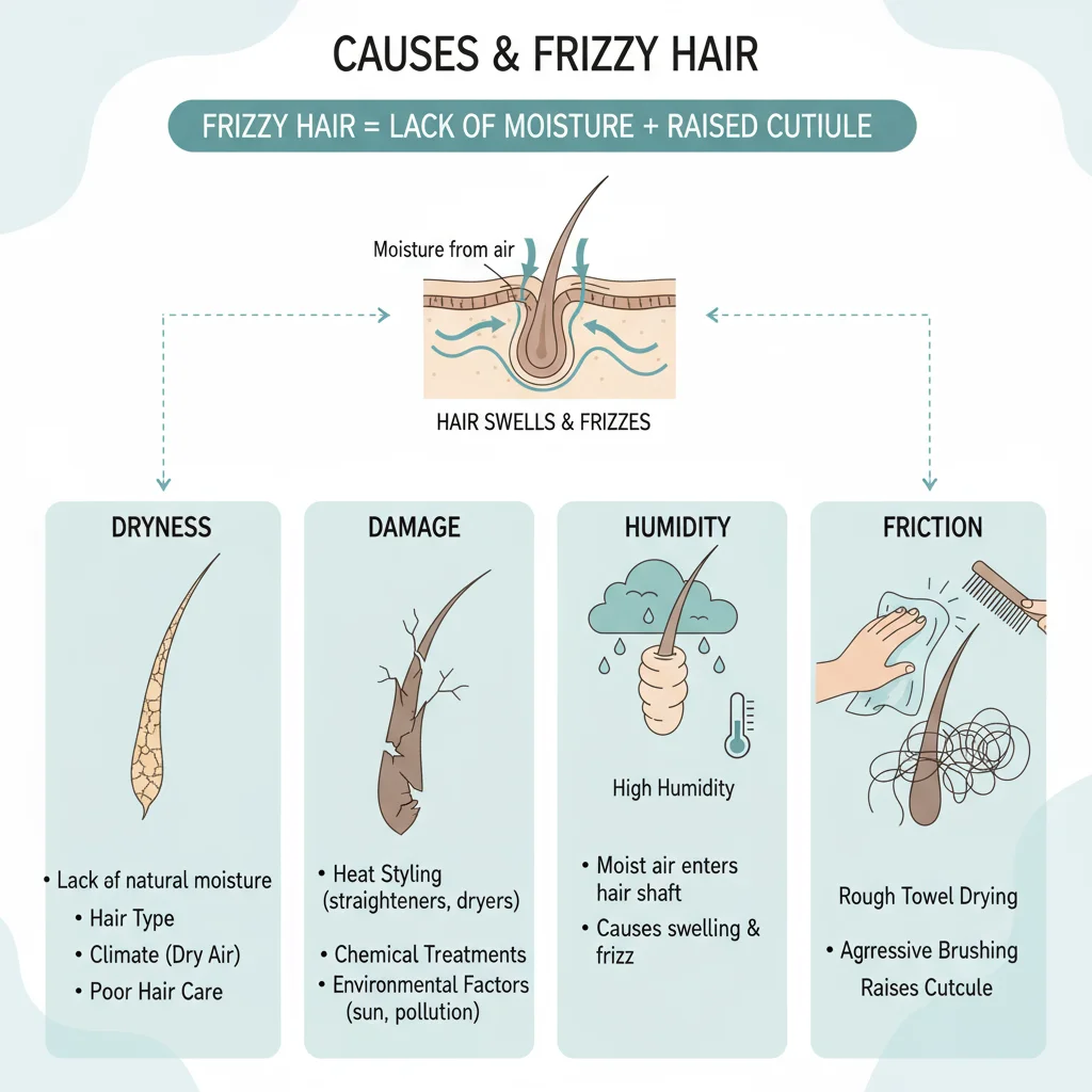 Frizz is primarily caused by a lack of moisture in the hair and a raised cuticle layer.