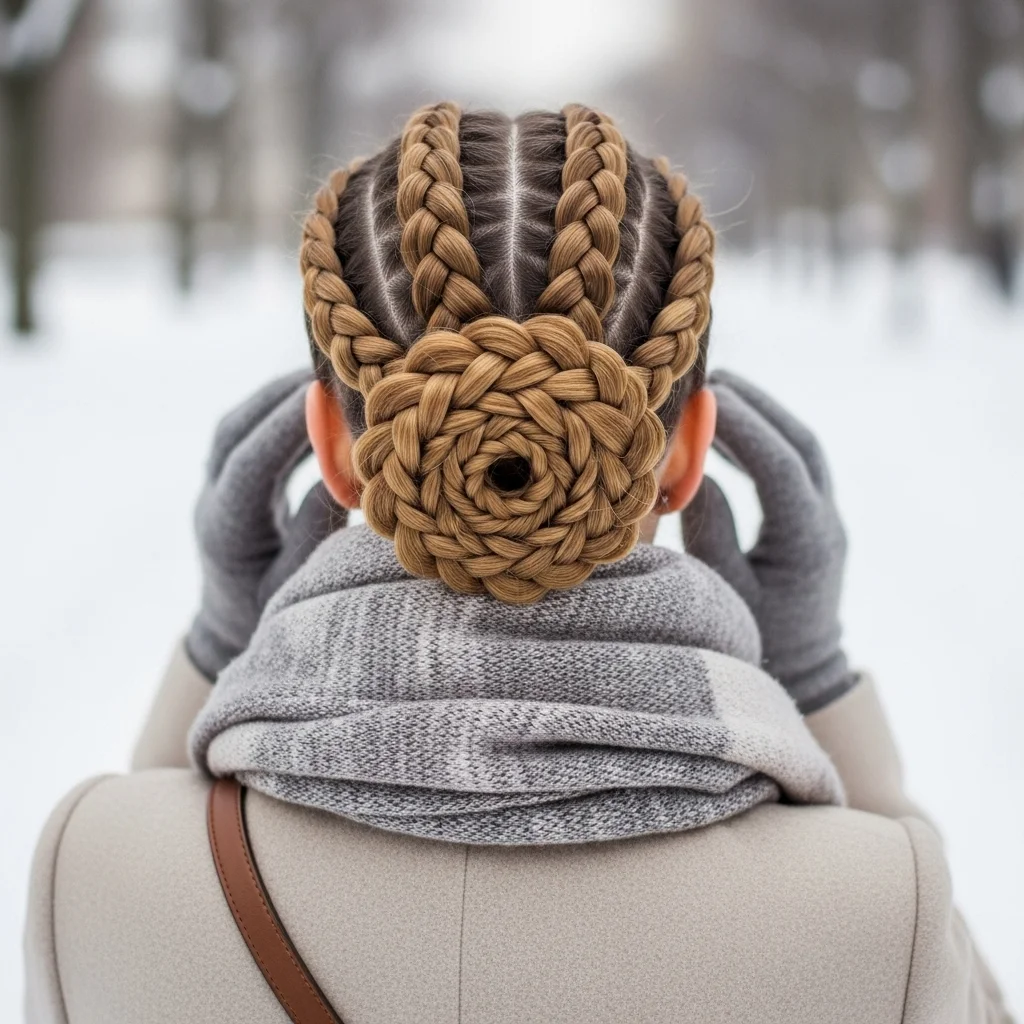 braided bun, where sections of her hair are braided first and then coiled neatly into a bun at the back of her head.