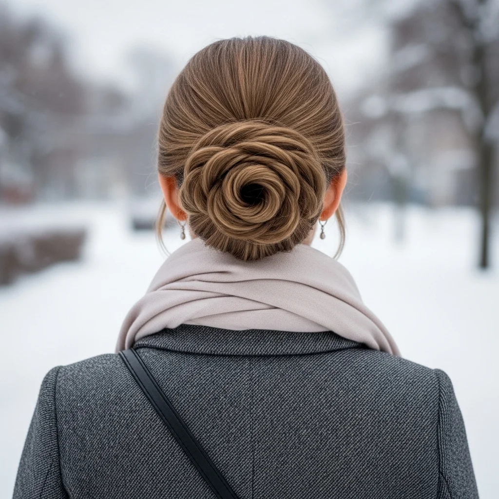 chignon, intricately coiled at the nape of her neck. The hairstyle looks sophisticated, polished, and graceful,