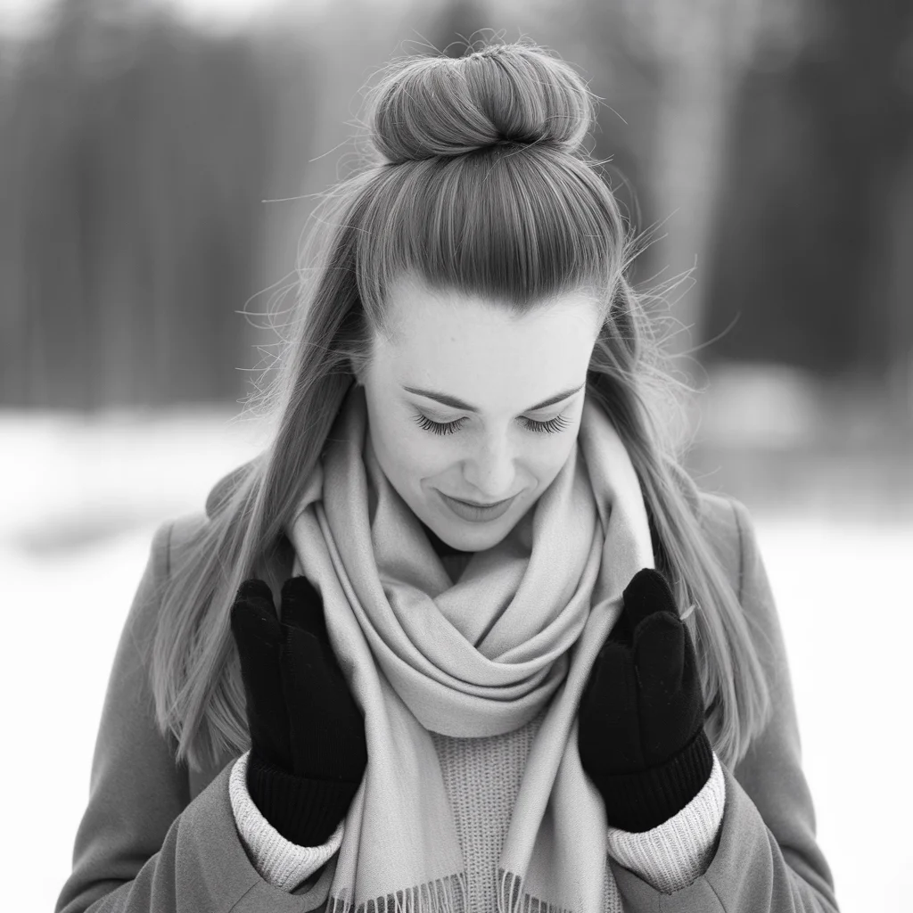 classic bun, neatly secured either at the nape of her neck or high on the crown.