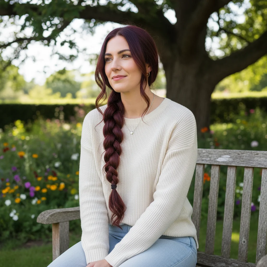 A woman with long hair styled in a classic three-strand braid, looking elegant yet casual.