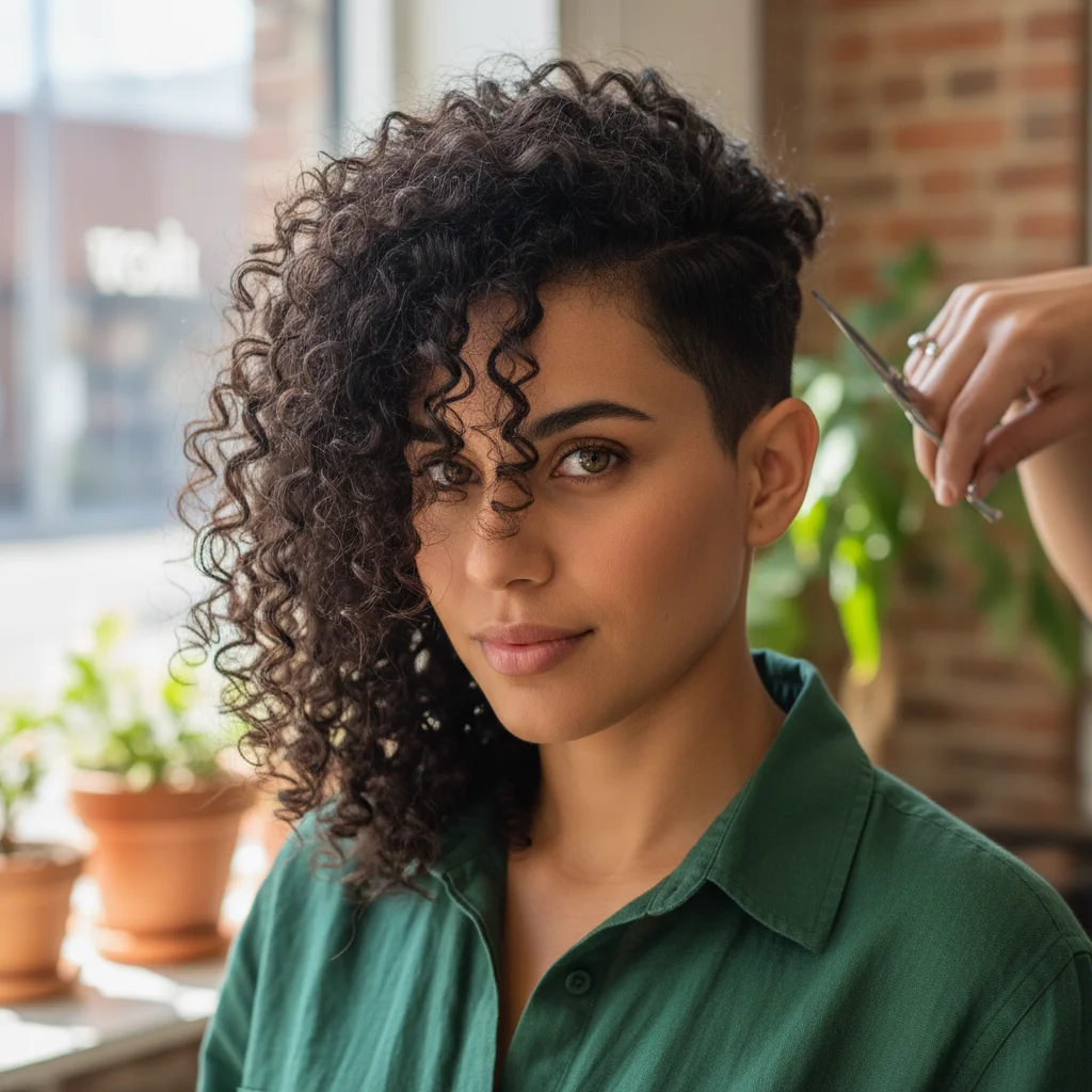 An asymmetrical pixie on curly hair can be incredibly striking, showcasing the unique texture and bounce of the curls.
