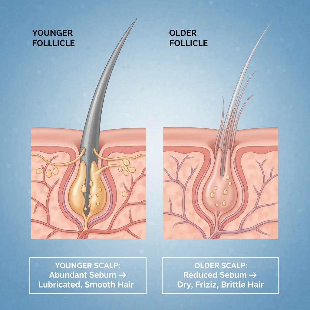 As you become older the hair becoming drier, more brittle, and even changing in its natural curl or wave pattern.