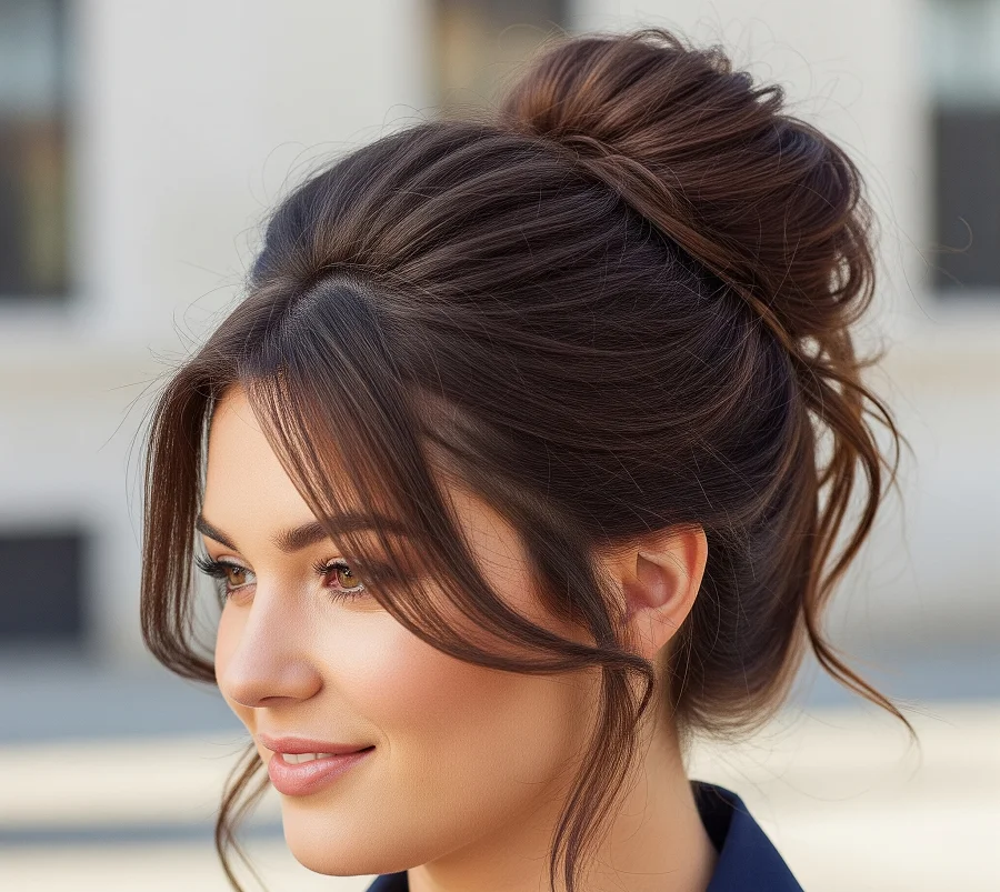 Messy Bun For round faces: Leave height at the crown and pull out longer pieces near the temples to elongate.
