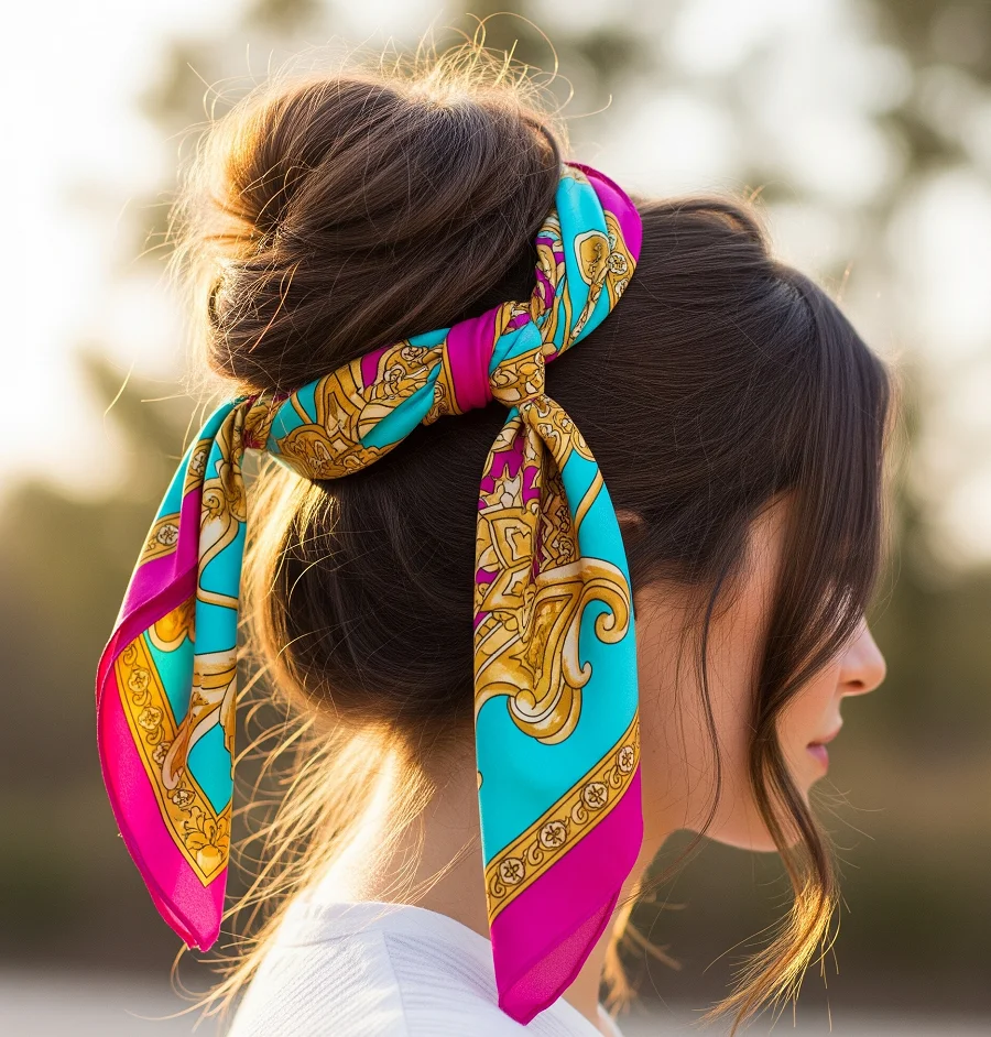 Hair Scarves: Wrap a silk scarf around the base or weave it through the bun for a pop of color.