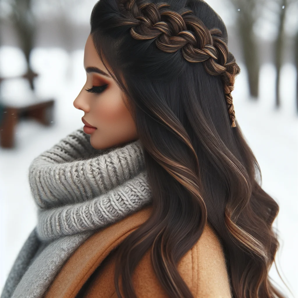 half-up braid, where the top section of her hair is braided before being secured, while the rest of her long locks flow freely.