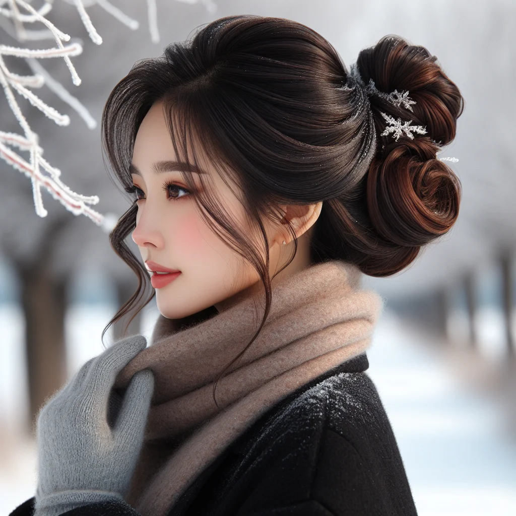 half-up bun, where the top section of her hair is gathered and twisted into a small bun while the rest of her long locks cascade down her back.