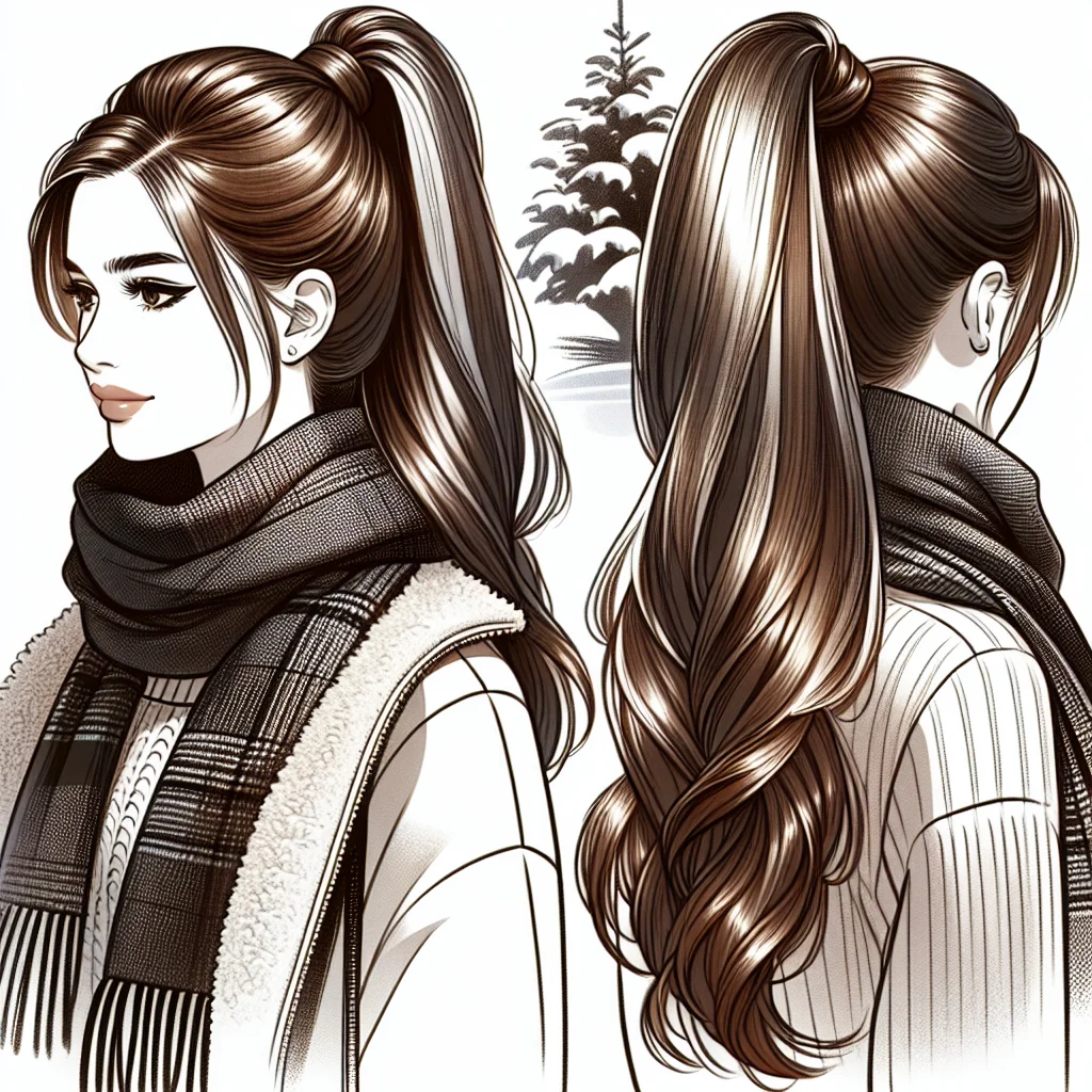 half-up ponytail, where the top section is neatly gathered into a ponytail while the rest of her hair flows freely down her back.