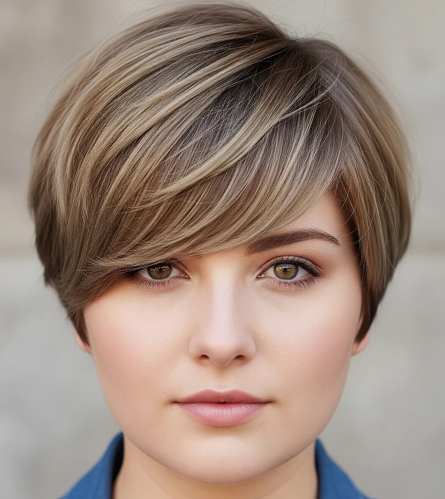 Layered Pixie Cut: Side-swept bangs starting above the brow
