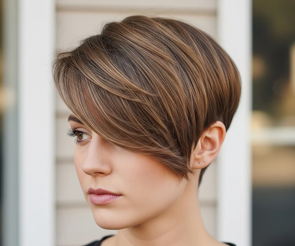 An asymmetrical pixie with long face can achieve this by incorporating volume at the sides and avoiding excessive height at the crown.