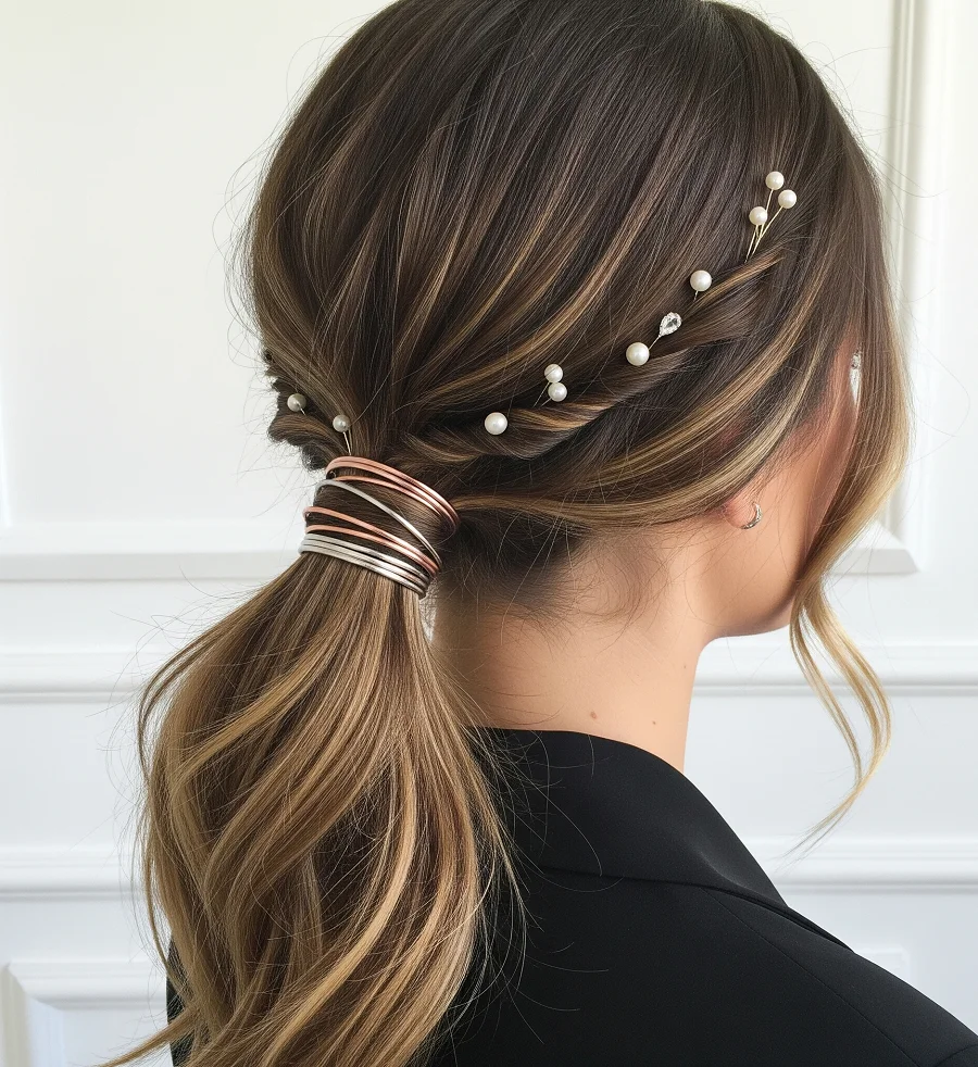 The low ponytail is elevated this spring with subtle twists