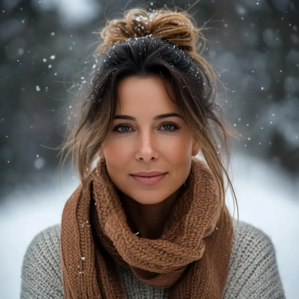 messy bun, loosely gathered with a few soft strands and wisps escaping around her face.