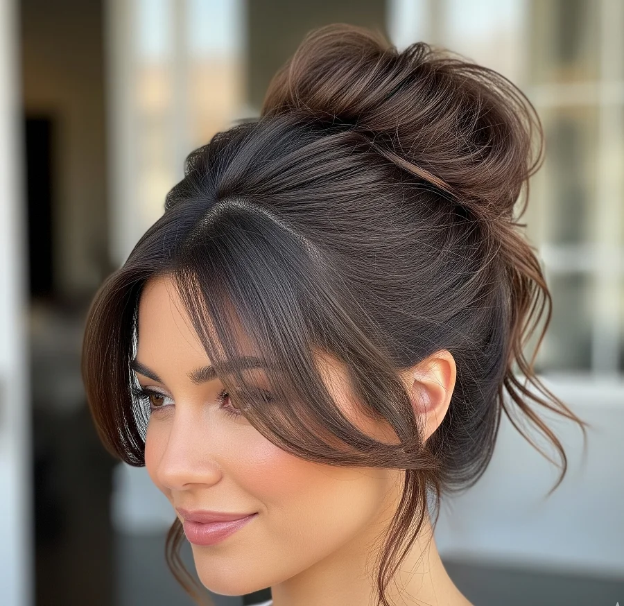 Messy Bun For oval faces: Experiment with any face-framing technique as this versatile shape suits all approaches.