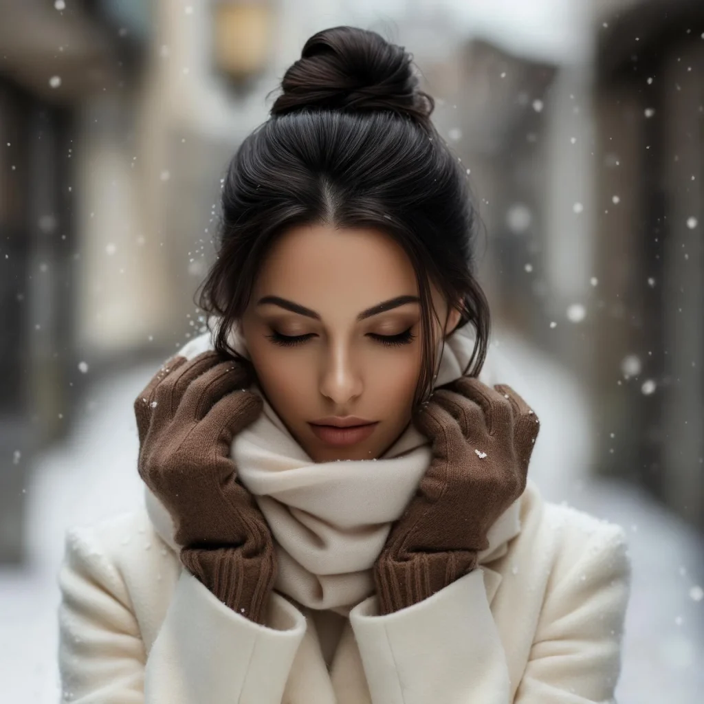 top knot, a high bun positioned neatly on the crown of her head. The hairstyle looks chic, modern, and practical,
