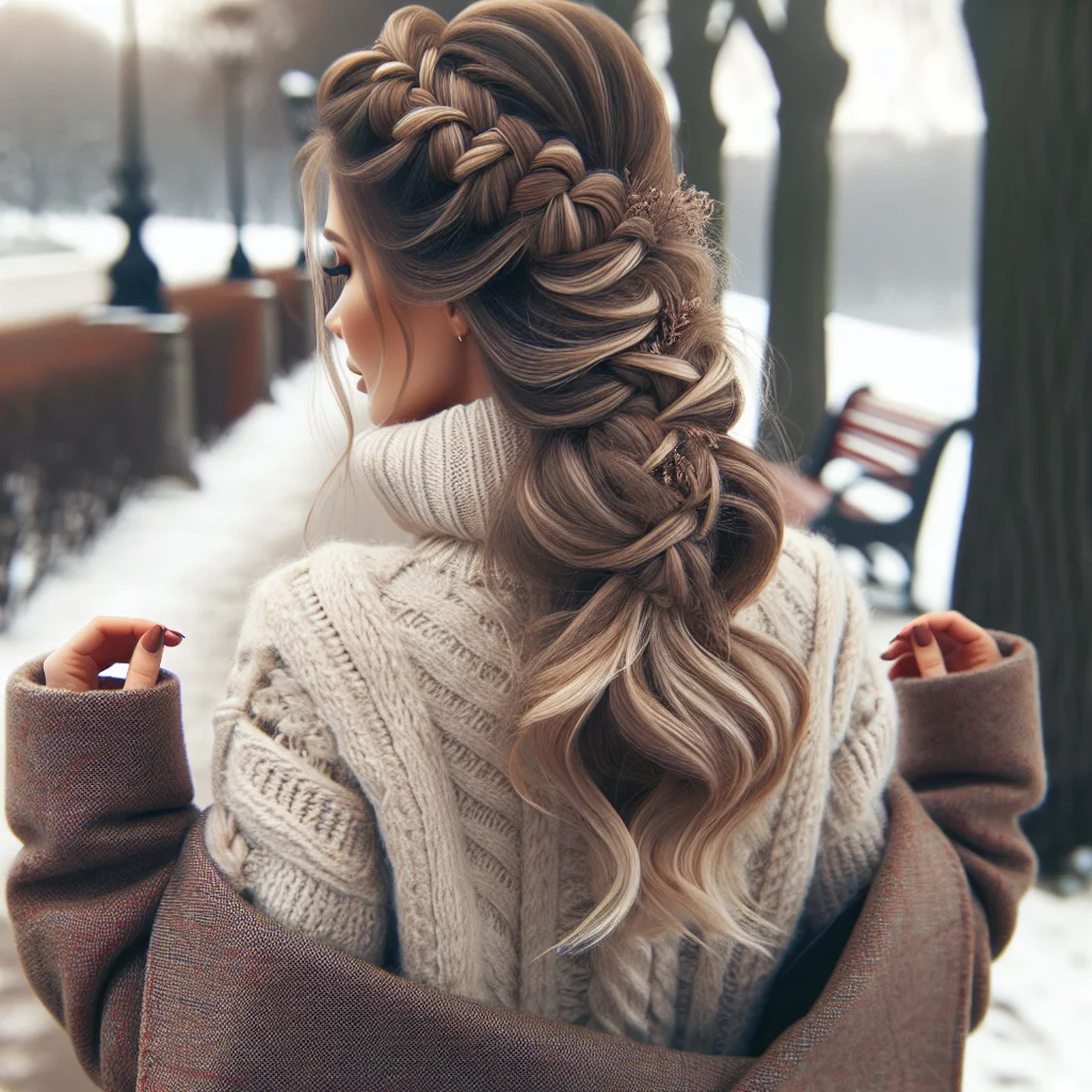twisted half-up hairstyle, where two front sections of her hair are gently twisted back and secured at the crown, while the rest of her long locks flow down her back.