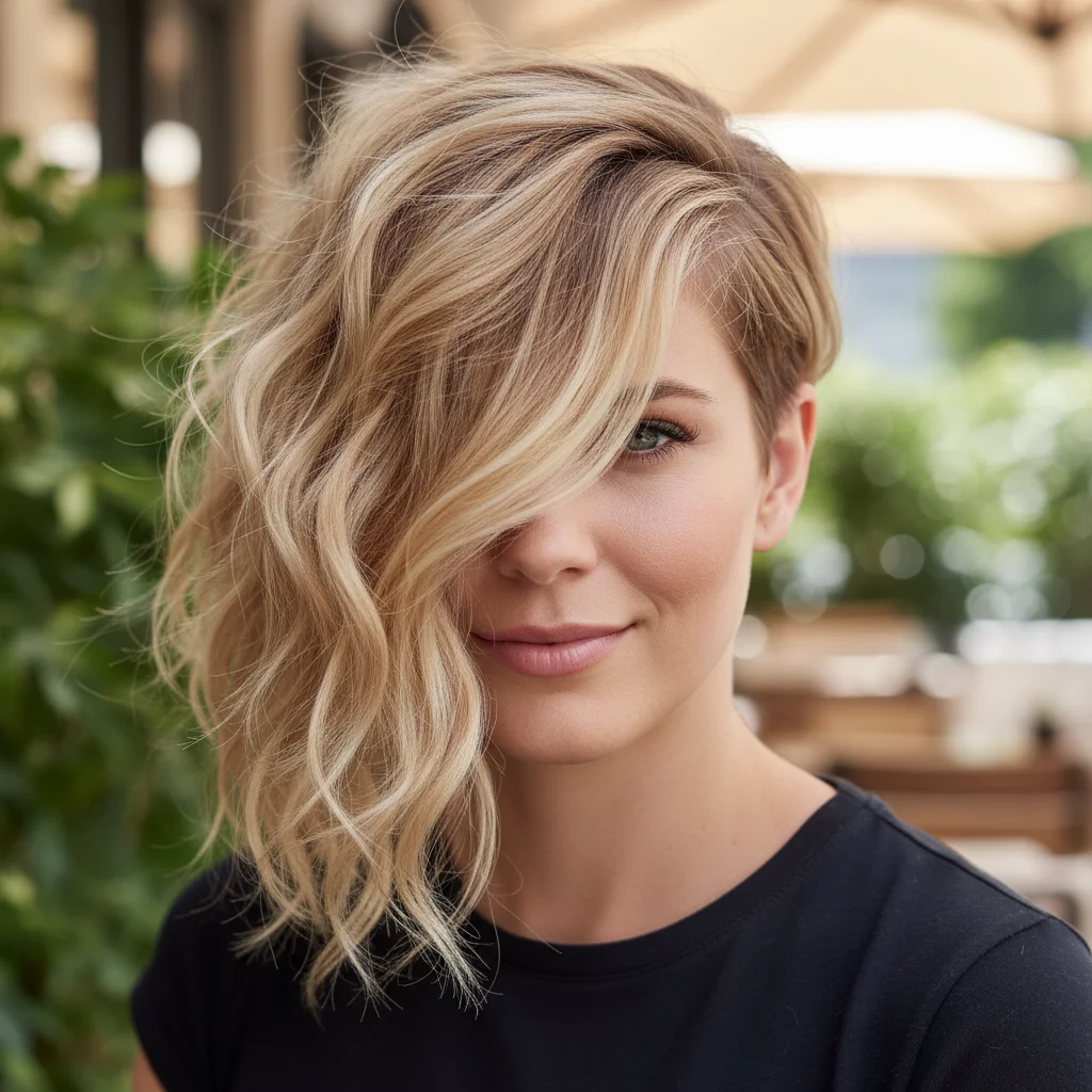 Naturally wavy hair can beautifully enhance the dynamic nature of an asymmetrical pixie.